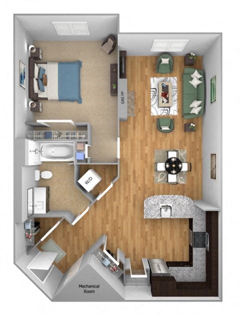 Urban Green Apartments A6 floor plan - 1 bed 1 bath - 3D