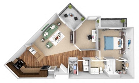 Parc at Grandview floor plan A6 Topaz with den - 1 bed 1 bath - 3D