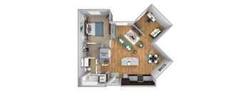 Urban Green Apartments A7 floor plan - 1 bed 1 bath - 3D