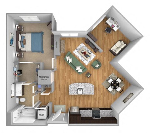 Urban Green Apartments A7 floor plan - 1 bed 1 bath - 3D