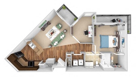 Parc at Grandview floor plan A7 Tuscan with den - 1 bed 1 bath - 3D