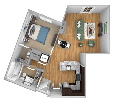 Urban Green Apartments A8 floor plan - 1 bed 1 bath - 3D