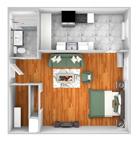 John Winthrop A9 floor plan studio 1 bath 3D