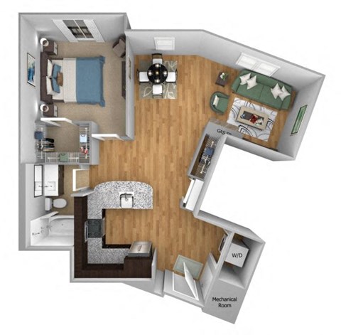 Urban Green Apartments A9 floor plan - 1 bed 1 bath - 3D