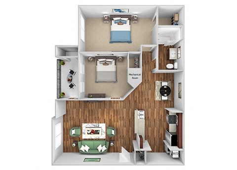 Glenbrook B floor plan 2 bed 1 bath 3D