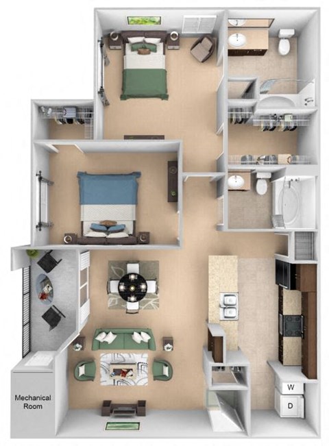 Courtney Station floor plan B1 - 2 bedroom 2 bath - 3D