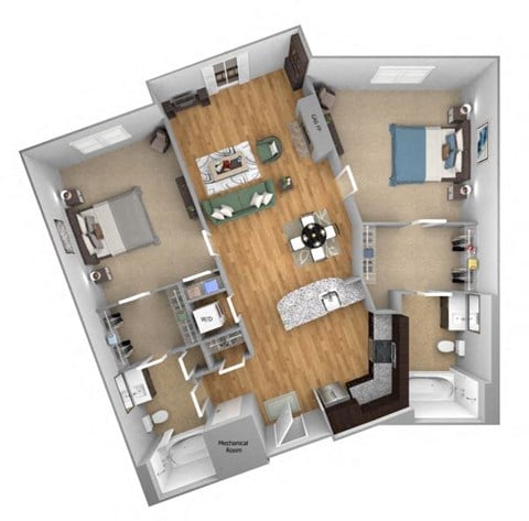 Urban Green Apartments B1 floor plan - 2 bed 2 bath - 3D
