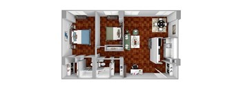 B1 floor plan 2 bedrooms 2 bathrooms 3D