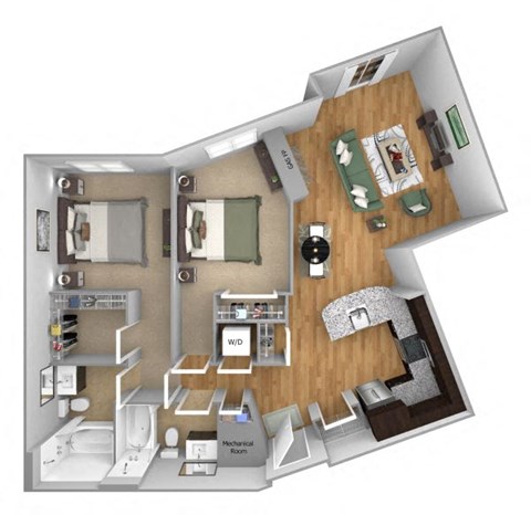 Urban Green Apartments B10 floor plan - 2 bed 2 bath - 3D