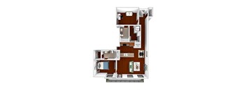 Main 3 Downtown floor plan B2 Flats  - 2 bed 2 bath - 3D