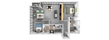 Main 3 Downtown floor plan B1 Tower  - 2 bed 2 bath - 3D