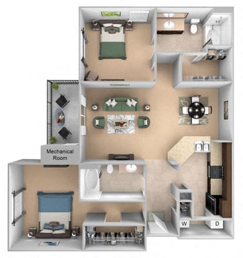 Courtney Station floor plan B2 - 2 bedroom 2 bath - 3D