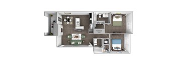 The Cascades B2 Bailey floor plan 2 beds 2 bath 3D