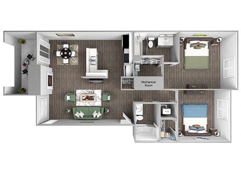 The Cascades B2 Bailey floor plan 2 beds 2 bath 3D