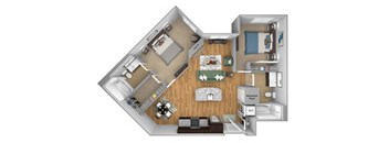 Urban Green Apartments B2 floor plan - 2 bed 2 bath - 3D