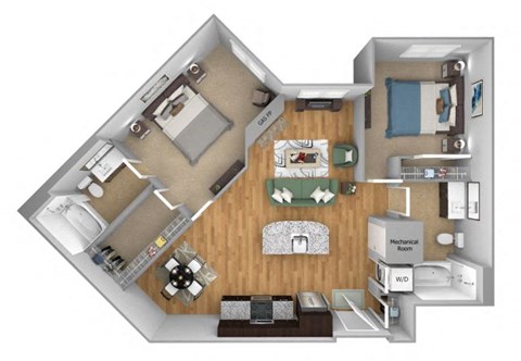 Urban Green Apartments B2 floor plan - 2 bed 2 bath - 3D