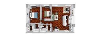 B2 floor plan 2 bedrooms 2 bathrooms 3D