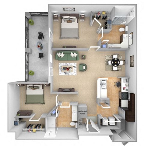 DeLayne at Twin Creeks B2 floor plan - 2 bed 2 bath - 3D