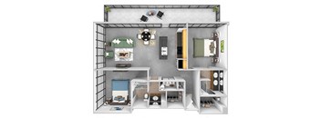 Main 3 Downtown floor plan B3 Tower  - 2 bed 2 bath - 3D