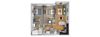 Urban Green Apartments B3 floor plan - 2 bed 2 bath - 3D