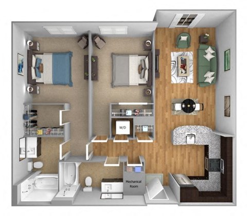 Urban Green Apartments B3 floor plan - 2 bed 2 bath - 3D