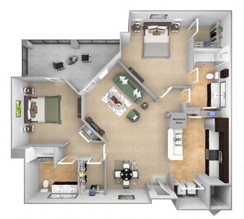 DeLayne at Twin Creeks B3 floor plan - 2 bed 2 bath - 3D