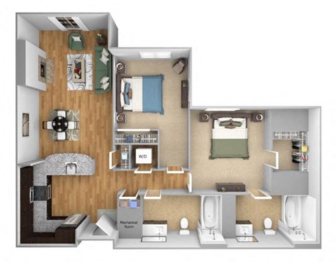 Urban Green Apartments B4 floor plan - 2 bed 2 bath - 3D