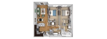 Urban Green Apartments B5 floor plan - 2 bed 2 bath - 3D