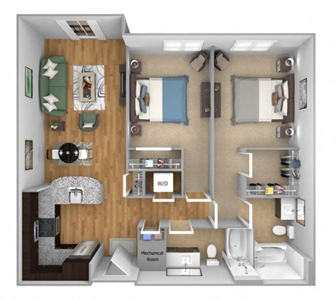 Urban Green Apartments B5 floor plan - 2 bed 2 bath - 3D