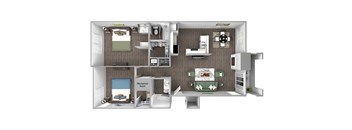 The Cascades Apartments - Baker 3D floor plan - 2 bed 2 bath