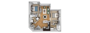 Urban Green Apartments B6 floor plan - 2 bed 2 bath - 3D
