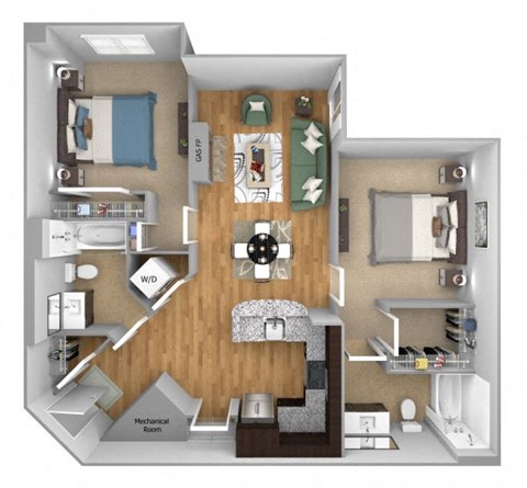 Urban Green Apartments B6 floor plan - 2 bed 2 bath - 3D
