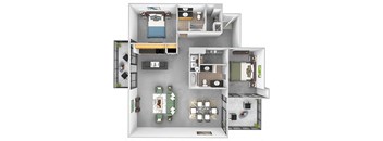 Main 3 Downtown floor plan B7 Tower  - 2 bed 2 bath - 3D
