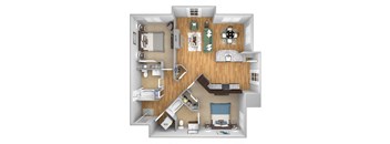 Urban Green Apartments B7 floor plan - 2 bed 2 bath - 3D