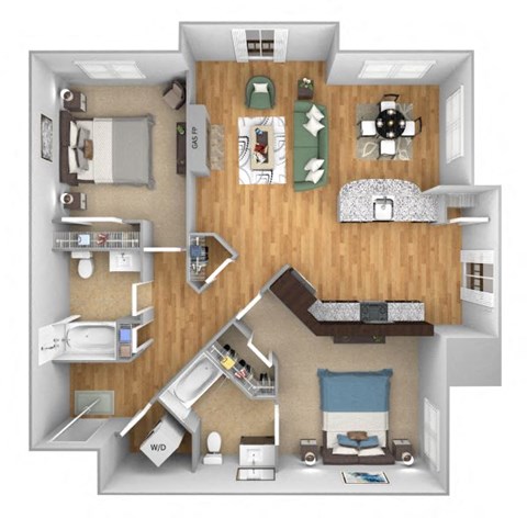 Urban Green Apartments B7 floor plan - 2 bed 2 bath - 3D