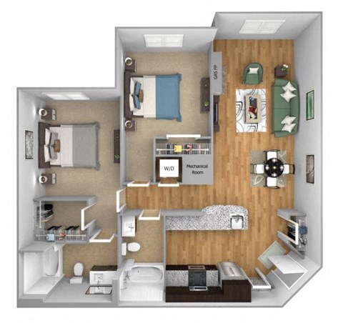 Urban Green Apartments B8 floor plan - 2 bed 2 bath - 3D