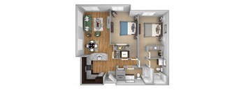 Urban Green Apartments B9 floor plan - 2 bed 2 bath - 3D
