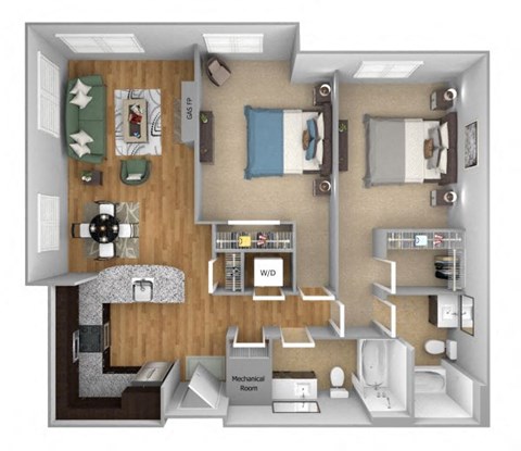 Urban Green Apartments B9 floor plan - 2 bed 2 bath - 3D