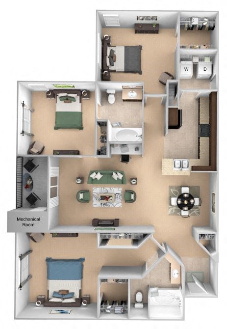 Courtney Station floor plan C1 - 3 bedroom 2 bath - 3D