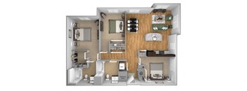 Urban Green Apartments C1 floor plan - 3 bed 2 bath - 3D