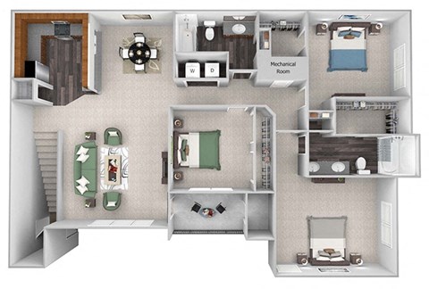 C1 Carnation with garage floor plan 3 bed 2 bath 3D