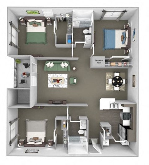 The Colony at Deerwood Apartments floor plan C1 (The Thicket) - 3 bed 2 bath - 3D