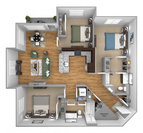 Urban Green Apartments C2 floor plan - 3 bed 2 bath - 3D