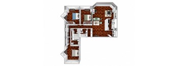 C2 floor plan 3 bedrooms 2 bathrooms 3D