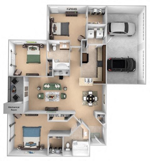 Courtney Station floor plan C2 - 3 bedroom 2 bath - 3D