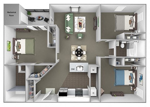Hampshire Green Apartments - C2 Dunmore - 3bed2bath - 3D floor plan
