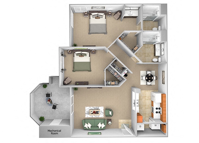 Tuscany 3D floor plan 3 bedroom 2 bath