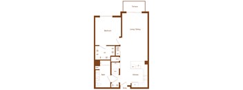 A floor plan of a house with a terrace, bedroom, living/dining area, kitchen, bathroom, and entry.