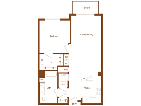 A floor plan of a house with a terrace, bedroom, living/dining area, kitchen, bathroom, and entry.