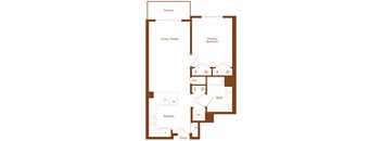 A floor plan of a house with a terrace, living/dining area, kitchen, bath, and primary bedroom.